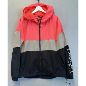 Bebe‎ Sport Women's Jacket Size Large Pink Color Block Windbreaker Full Zip Y2K